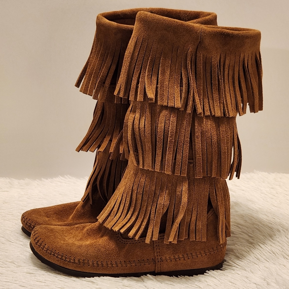 🤎 Minnetonka Brown 3-Layer Fringe Boots 1638 Size 7